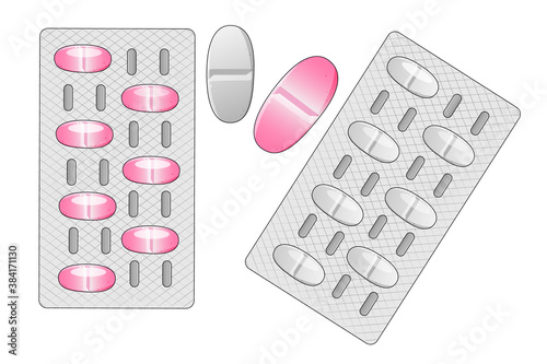 Pills, tablets in blisters, medical stock vector illustration.