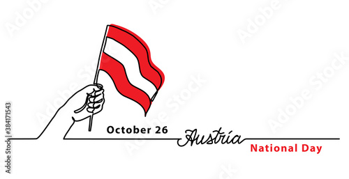 Austria National Day simple web banner with flag and hand. Minimalist vector border, background.One continuous line drawing with lettering Austria.