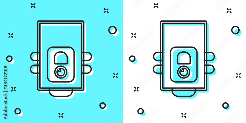 Black line Gas boiler with a burning fire icon isolated on green and white background. Random dynamic shapes. Vector. Black line Gas boiler with a burning fire icon isolated on green and white background. Random dynamic shapes. Vector.