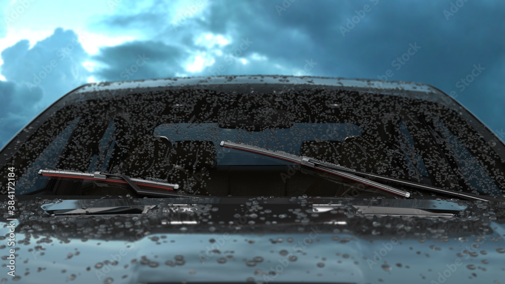 car wipers with red silicone coating sweep water from the car windshield 3d render against a cloudy sky