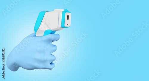 a medical glove on hand holds an electronic thermometer temperature control concept 3d render on blue gradient