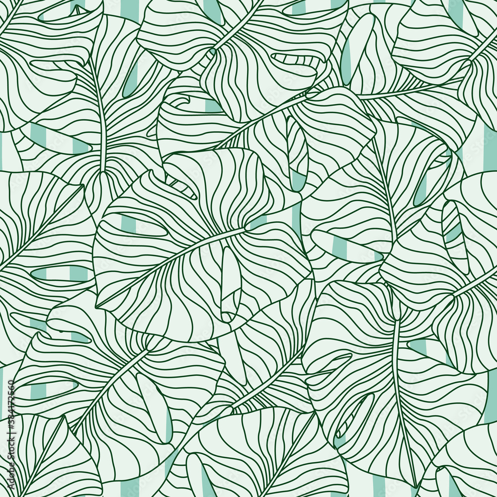 Seamless random pattern with abstract flat monstera leaves. Green contoured ornament on striped background.
