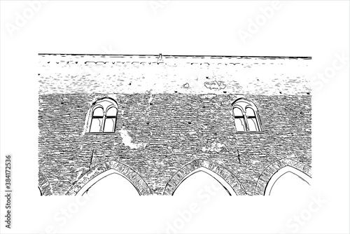 Building view with landmark of Bergamo is a city in the alpine Lombardy region of northern Italy. Hand drawn sketch illustration in vector.