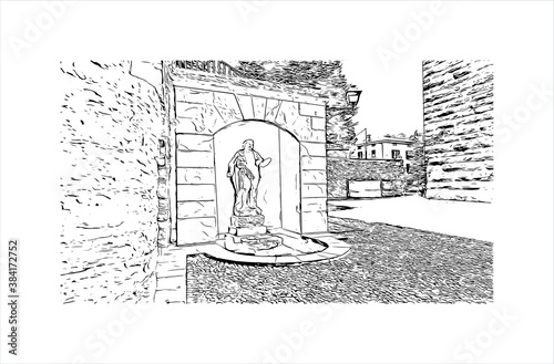 Building view with landmark of Bergamo is a city in the alpine Lombardy region of northern Italy. Hand drawn sketch illustration in vector.