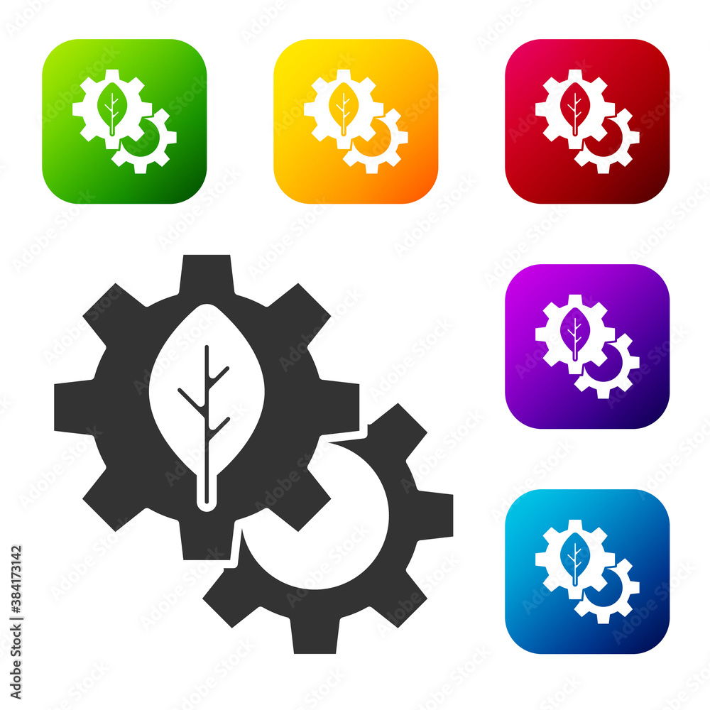 Black Leaf plant ecology in gear machine icon isolated on white background. Eco friendly technology. World Environment day label. Set icons in color square buttons. Vector. Black Leaf plant ecology in gear machine icon isolated on white background. Eco friendly technology. World Environment day label. Set icons in color square buttons. Vector.