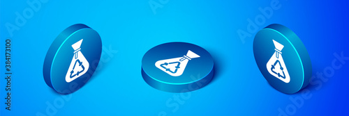 Isometric Garbage bag with recycle symbol icon isolated on blue background. Trash can icon. Recycle basket sign. Blue circle button. Vector.