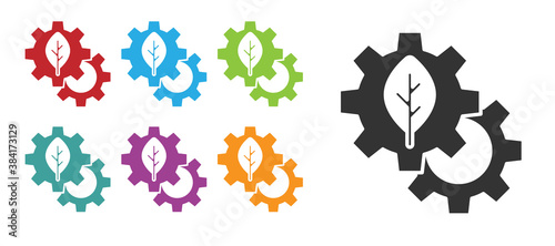 Black Leaf plant ecology in gear machine icon isolated on white background. Eco friendly technology. World Environment day label. Set icons colorful. Vector.