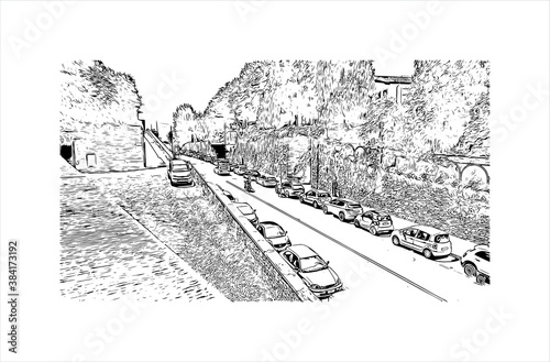 Building view with landmark of Bergamo is a city in the alpine Lombardy region of northern Italy. Hand drawn sketch illustration in vector.