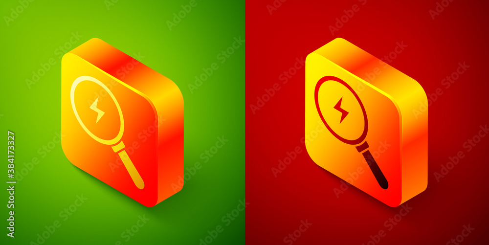 Isometric Magnifying glass with lightning bolt icon isolated on green and red background. Flash sign. Charge flash. Thunder bolt. Lighting strike. Square button. Vector. Isometric Magnifying glass with lightning bolt icon isolated on green and red background. Flash sign. Charge flash. Thunder bolt. Lighting strike. Square button. Vector.