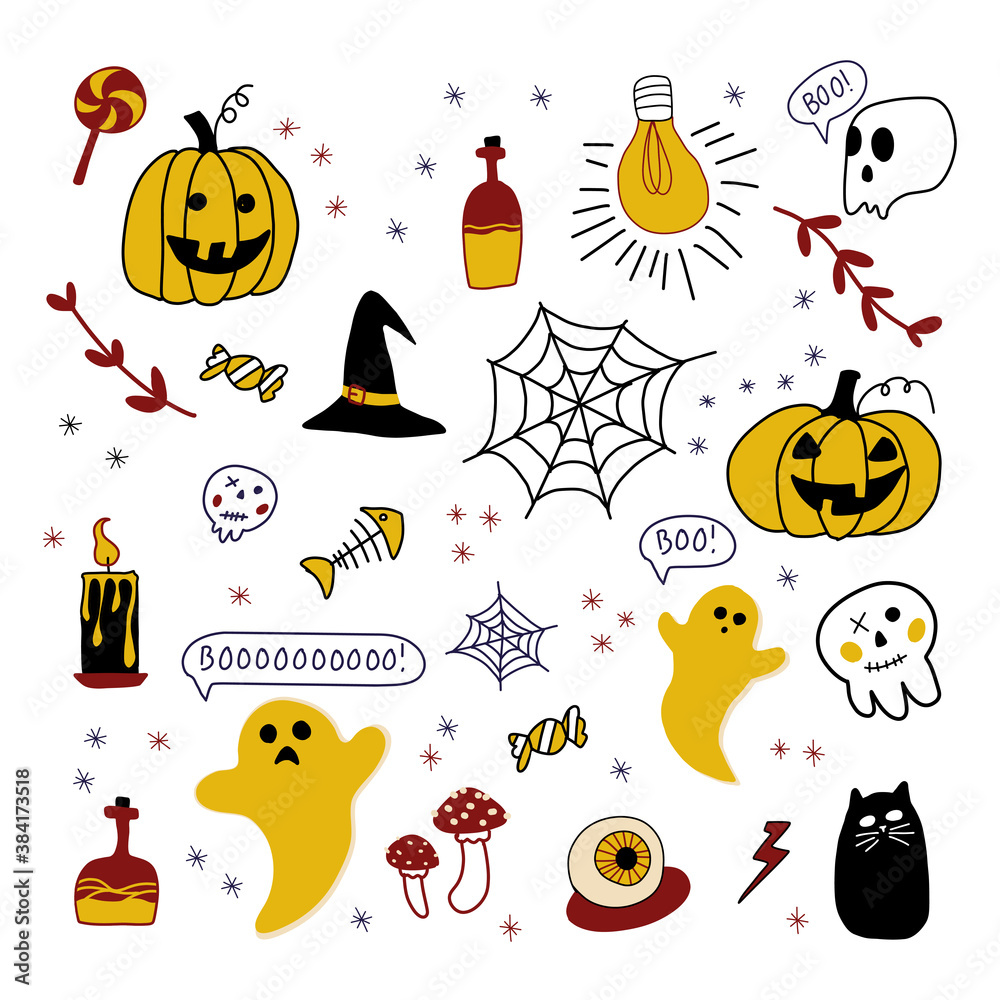 Halloween icon set. Hand-drawn vector illustration with magic objects and symbols of autumn.