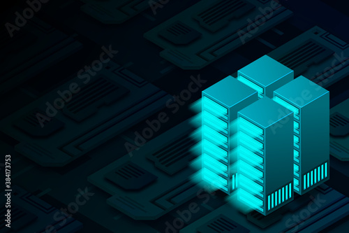 Server room isometric vector, server networking technology, futuristic technology of data protection and processing, networking and web hosting banner, input output data flow, vector illustration