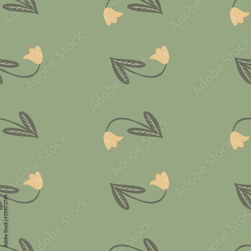 Scandinavian seamless doodle pattern with contoured campanula flowers. Green background. Pale palette artwork.