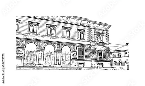 Building view with landmark of Bergamo is a city in the alpine Lombardy region of northern Italy. Hand drawn sketch illustration in vector.