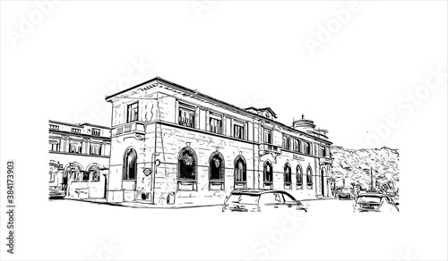 Building view with landmark of Bergamo is a city in the alpine Lombardy region of northern Italy. Hand drawn sketch illustration in vector.