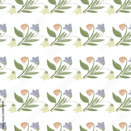 Seamless isolated pattern with doodle stylized forest flowers elements. Pastel green and blue colored print on white background.