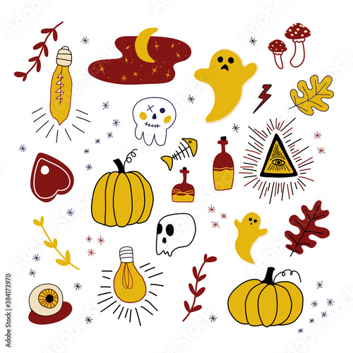 Halloween icon set. Hand-drawn vector illustration with magic objects and symbols of autumn.