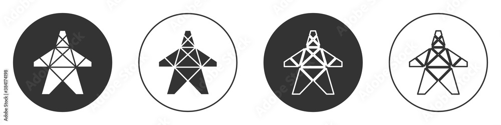 Black Electric tower used to support an overhead power line icon isolated on white background. High voltage power pole line. Circle button. Vector. Black Electric tower used to support an overhead power line icon isolated on white background. High voltage power pole line. Circle button. Vector.