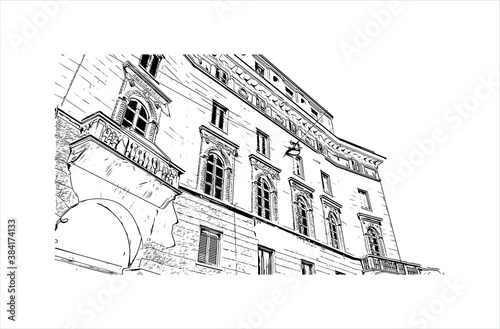 Building view with landmark of Bergamo is a city in the alpine Lombardy region of northern Italy. Hand drawn sketch illustration in vector.