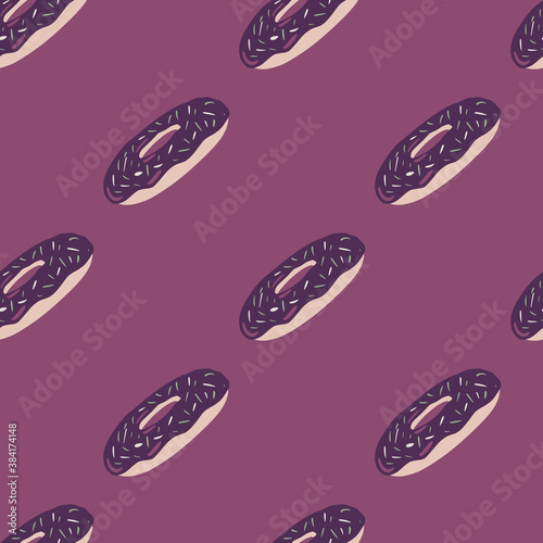 Food diagonal donuts seamless pattern. Stylized tasty backdrop in purple tones. Simple sweet snack print.