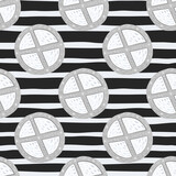 Monochrome seamless pattern with circle wood shield ornament. Grey and white medieval silhouettes on striped contrast background.