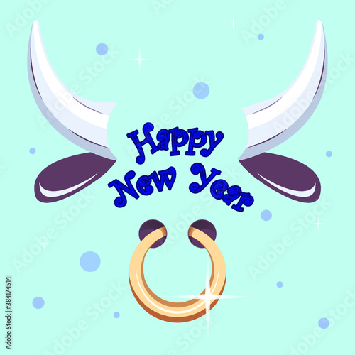 Happy new year letters between ox horns and nose ring. Design template for New Year and Christmas flyers, greeting cards, brochures, celebration typography poster. Vector illustration