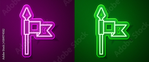 Glowing neon line Medieval spear icon isolated on purple and green background. Medieval weapon. Vector.