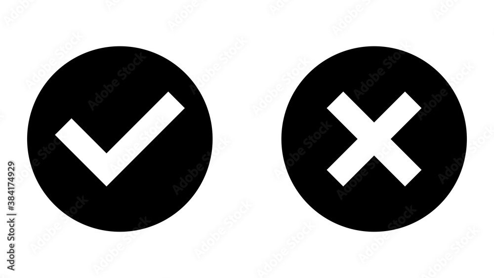 Yes and No or Right and Wrong or Approved and Declined Icons with Check Mark and X Signs with Shadow in Circles. Vector Image. Yes and No or Right and Wrong or Approved and Declined Icons with Check Mark and X Signs with Shadow in Circles. Vector Image.