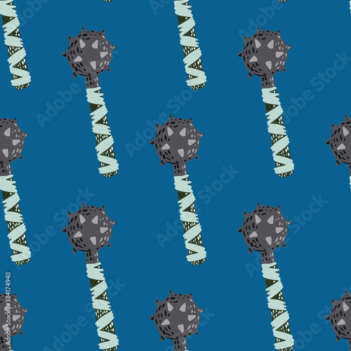 Seamless bright pattern with cartoon flail mace silhouettes. Norway ancient print on blue background. Battle backdrop.