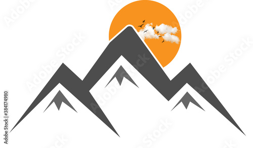Mountains logo design vector template isolated on white background, Mountain Logo with sun and clouds with flying birds