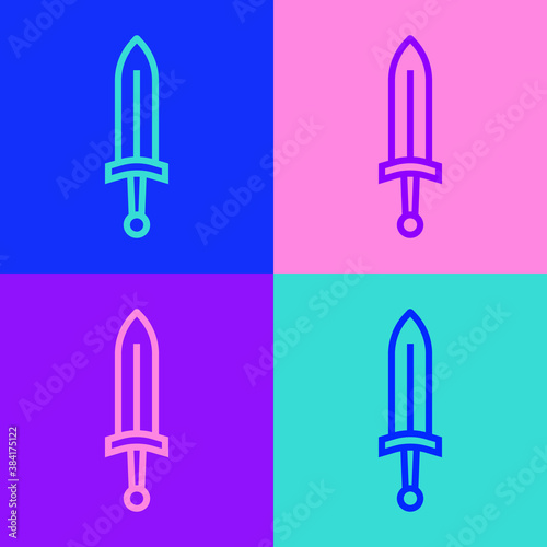 Pop art line Medieval sword icon isolated on color background. Medieval weapon. Vector.