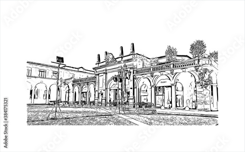 Building view with landmark of Bergamo is a city in the alpine Lombardy region of northern Italy. Hand drawn sketch illustration in vector.