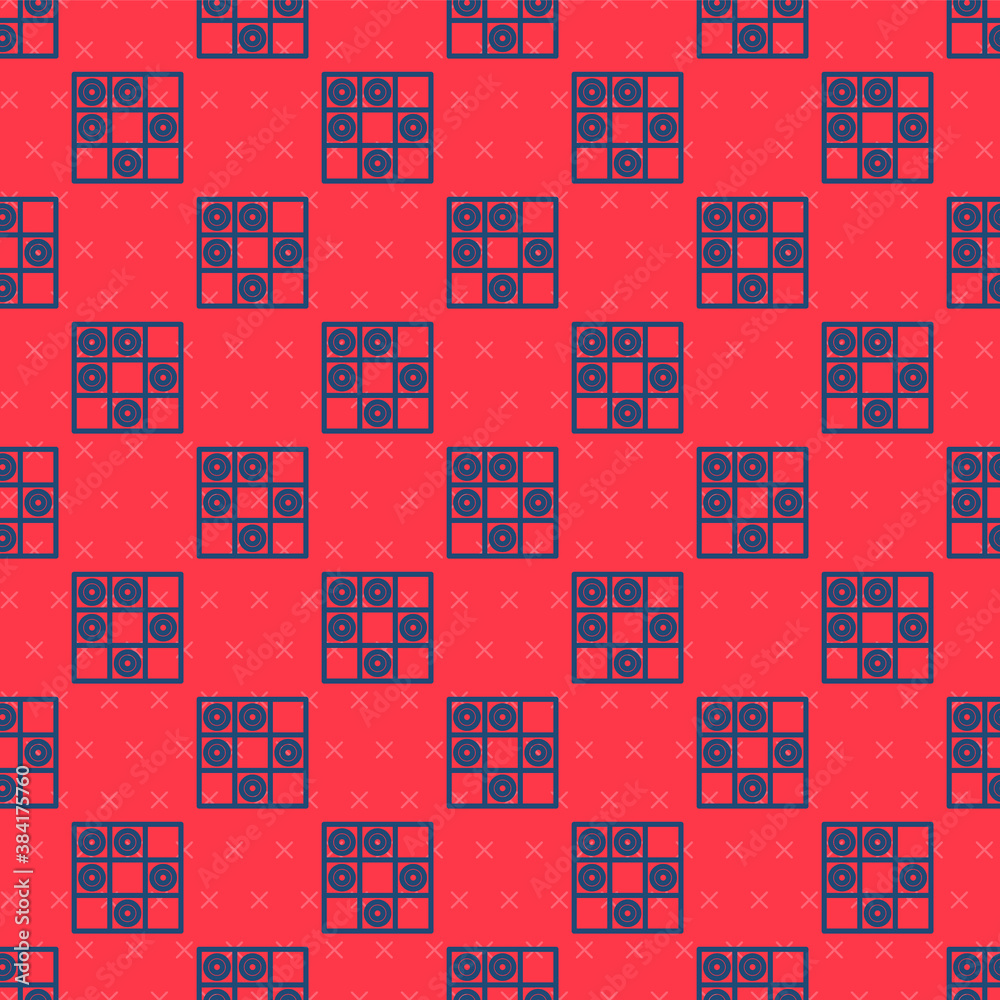 Blue line Board game of checkers icon isolated seamless pattern on red background. Ancient Intellectual board game. Chess board. White and black chips. Vector. Blue line Board game of checkers icon isolated seamless pattern on red background. Ancient Intellectual board game. Chess board. White and black chips. Vector.
