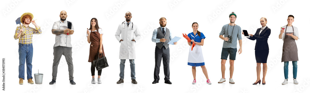 Group of people with different professions isolated on white studio background, horizontal. Modern workers of diverse occupations, male and female models like accountant, butcher, doctor, businessman. Group of people with different professions isolated on white studio background, horizontal. Modern workers of diverse occupations, male and female models like accountant, butcher, doctor, businessman.