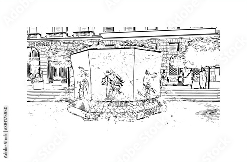 Building view with landmark of Bergamo is a city in the alpine Lombardy region of northern Italy. Hand drawn sketch illustration in vector.