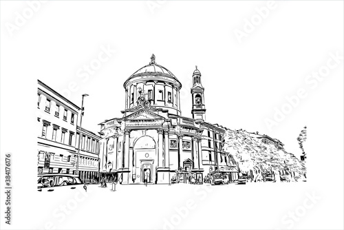 Building view with landmark of Bergamo is a city in the alpine Lombardy region of northern Italy. Hand drawn sketch illustration in vector.