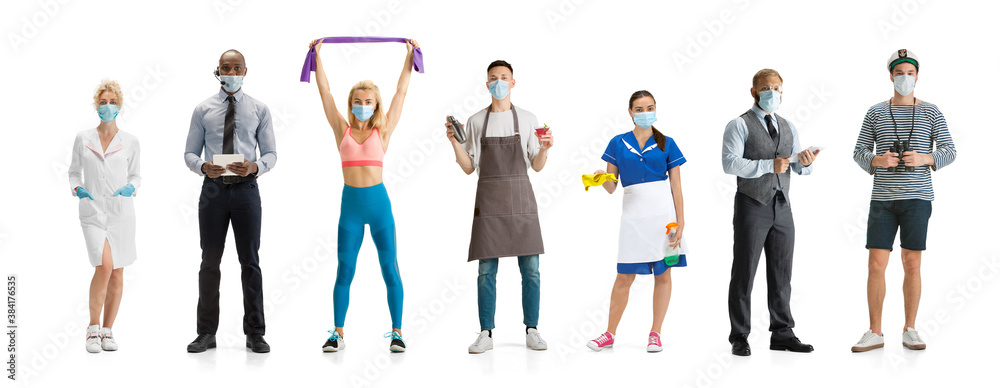 Group of people with different professions isolated on white studio background, horizontal. Modern workers of diverse occupations, male and female models like sailor, cosmetologist, barmen, cleaner