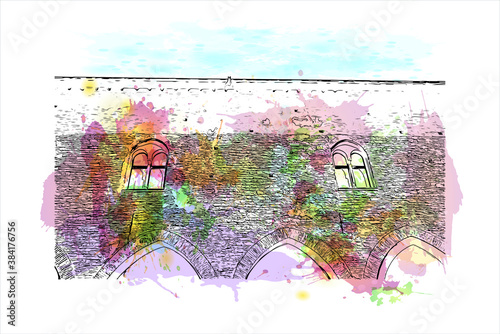Building view with landmark of Bergamo is a city in the alpine Lombardy region of northern Italy. Watercolor splash with hand drawn sketch illustration in vector.