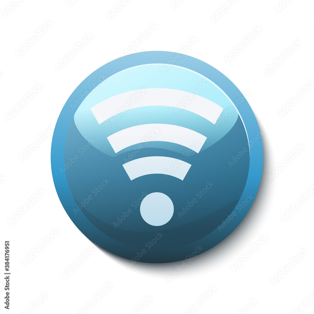 Wi-Fi shiny blue button with white symbol of wireless internet connection on it. Vector design icon isolated on white Wi-Fi shiny blue button with white symbol of wireless internet connection on it. Vector design icon isolated on white