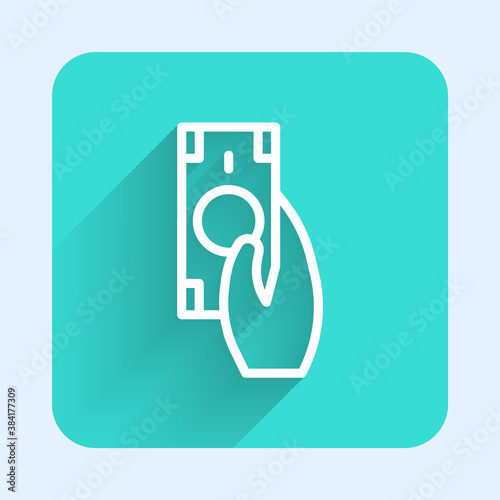 White line Fast payments icon isolated with long shadow. Fast money transfer payment. Financial services, fast loan, time is money, cash back concept. Green square button. Vector.