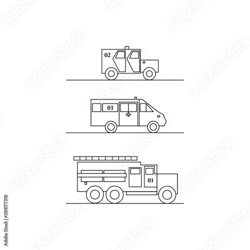 Sketchy illustration of police, fire brigade and ambulance vehicles. Can be used as icons and logo.