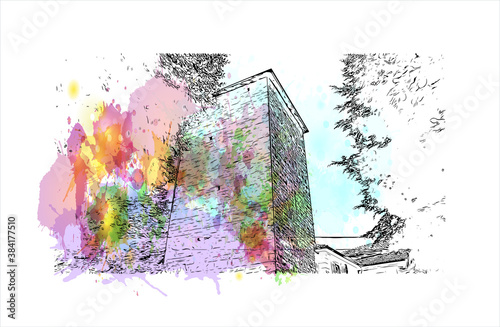 Building view with landmark of Bergamo is a city in the alpine Lombardy region of northern Italy. Watercolor splash with hand drawn sketch illustration in vector.