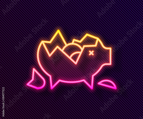Glowing neon line Broken piggy bank icon isolated on black background. Icon saving or accumulation of money, investment. Vector.