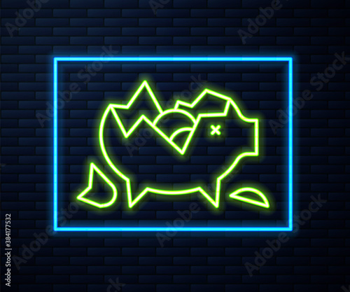 Glowing neon line Broken piggy bank icon isolated on brick wall background. Icon saving or accumulation of money, investment. Vector.
