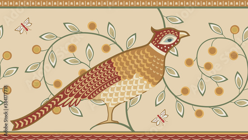 Floral and bird decorative border pattern on light background. Vector illustration.