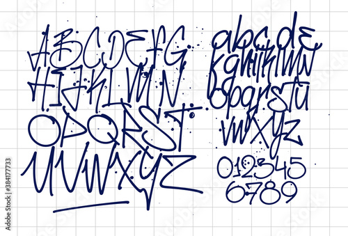 Hand-drawn calligraphic ink alphabet with numbers, vector