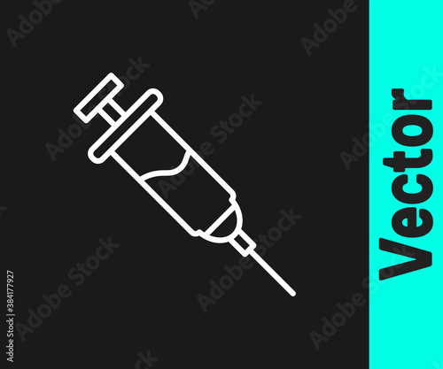 White line Doping syringe icon isolated on black background. Vector.