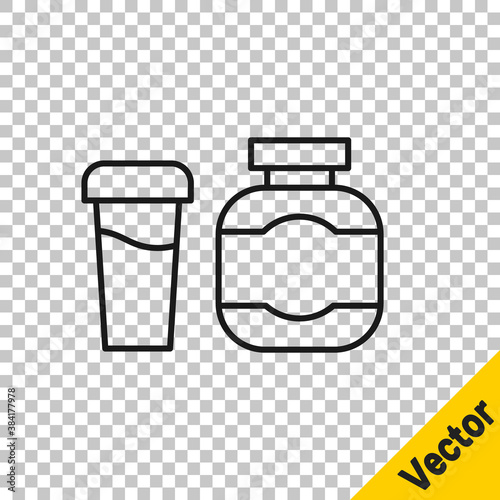 Black line Sports nutrition bodybuilding proteine power drink and food icon isolated on transparent background. Vector.