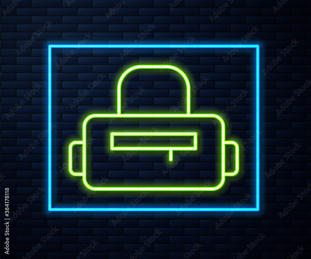 Glowing neon line Sport bag icon isolated on brick wall background. Vector. Glowing neon line Sport bag icon isolated on brick wall background. Vector.