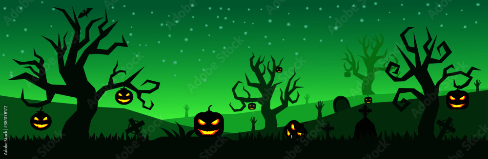 halloween background with bats. A Halloween poster with scary pumpkins. A Halloween poster with the scene of graveyard. A Halloween poster with dead trees.