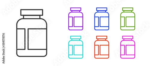 Black line Sports nutrition bodybuilding proteine power drink and food icon isolated on white background. Set icons colorful. Vector.